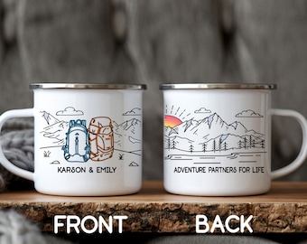 Backpacking Adventure Mug, Personalized Engagement Wedding Anniversary Camping Gift, Unique Custom Hiking Mug, Backpack Campfire Cup