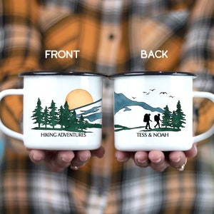 Watercolor Mountains Hiker Mug, Personalized Campfire Enamel Gift, Couples & Dog Adventure, Wedding Anniversary Vacation Road Trip Cup