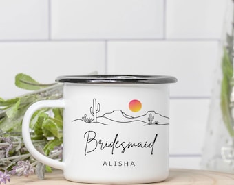 Personalized Bridesmaid Mugs, Southwestern Desert Bridal Party Camping Cups, Cactus Adventure Wedding Arizona