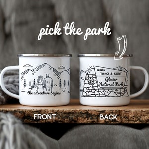 Taza personalizada con letrero de parque nacional, regalo personalizado para acampada y senderismo, pareja aventurera, regalo de aniversario de compromiso, taza para novios