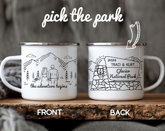 Personalized National Park Sign Mug, Camping Hiking Personalized Gift, Adventure Couple, Engagement Anniversary Gift, Bride & Groom Cup