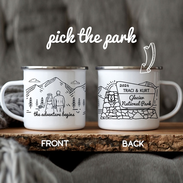 Taza personalizada con letrero de parque nacional, regalo personalizado para acampada y senderismo, regalo para parejas aventureras, regalo de aniversario de compromiso, taza para novios.