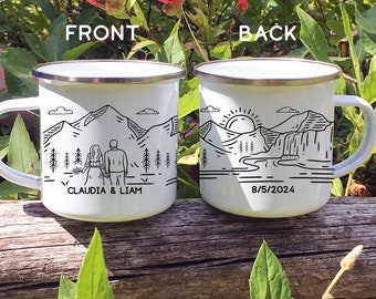 Personalized Wedding Gift Mountain Enamel Mug, Unique Elopement Camping Cup, Engagement Newlywed Anniversary Gift, Custom Couples Mug