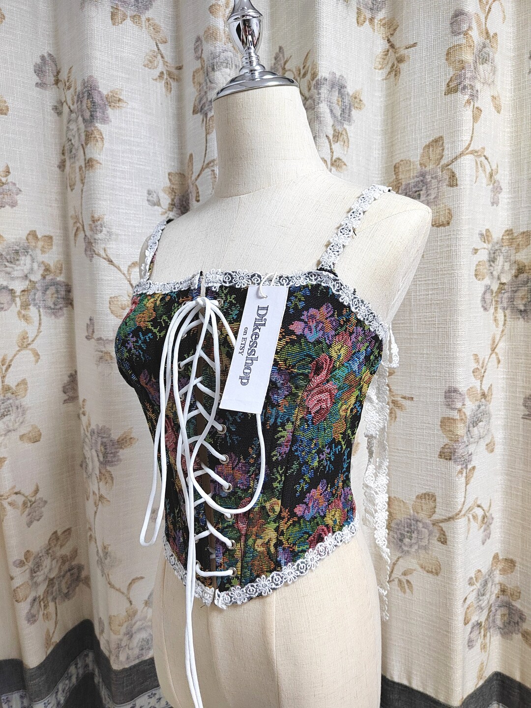 Vintage 90s Y2K Black Embroidered Floral Corset Top  4 6