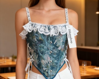 Vintage Lace Floral Overbust Corset Bodice Blue Renaissance Lace-Up Bustier Top