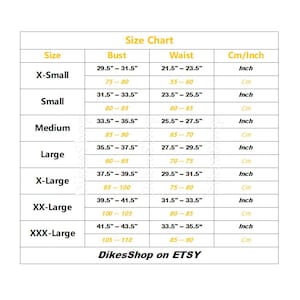 May include: A white size chart with black text, including bust and waist measurements in inches and centimeters. Sizes range from X-Small to XXX-Large. The Etsy shop name "DikesShop" is at the bottom.