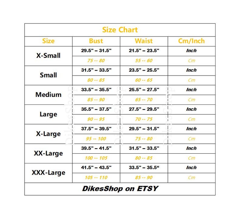 May include: A white size chart with black text, including bust and waist measurements in inches and centimeters. Sizes range from X-Small to XXX-Large. The Etsy shop name "DikesShop" is at the bottom.