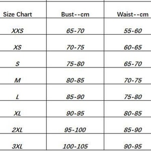 K&ouml;nnte beinhalten: Gr&ouml;&szlig;entabelle f&uuml;r Kleidung mit Ma&szlig;en in Zentimetern. Die Tabelle zeigt Gr&ouml;&szlig;en von XXS bis 3XL mit den entsprechenden Brust- und Taillenma&szlig;en.