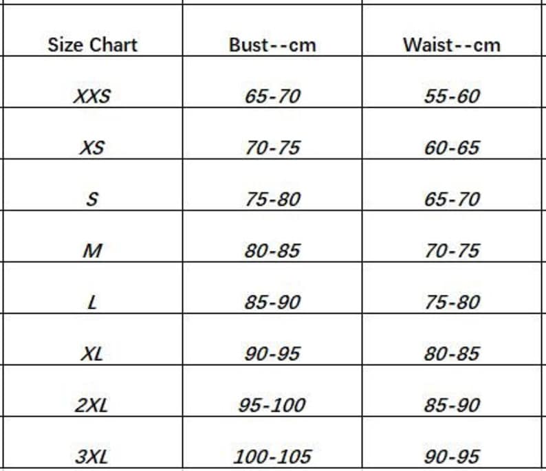 K&ouml;nnte beinhalten: Gr&ouml;&szlig;entabelle f&uuml;r Kleidung mit Ma&szlig;en in Zentimetern. Die Tabelle zeigt Gr&ouml;&szlig;en von XXS bis 3XL mit den entsprechenden Brust- und Taillenma&szlig;en.