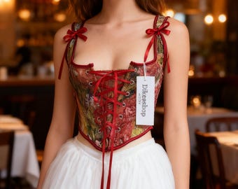 Vintage Lace-up Floral Overbust Corset Top Red Victorian Renaissance Bustier Tops