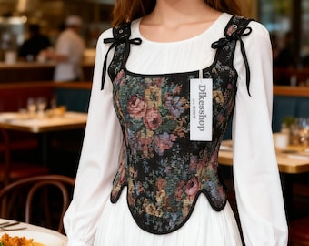 Vintage Floral Overbust Corset Bodice Renaissance Lace-Up Black Bustier Tops