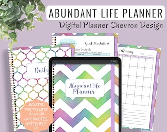 Puede incluir: Un planificador digital con un diseño de chevron en colores arcoíris. El planificador está etiquetado como "Abundant Life Planner" y no está fechado para su uso con tabletas y aplicaciones como Goodnotes y Noteshelf.