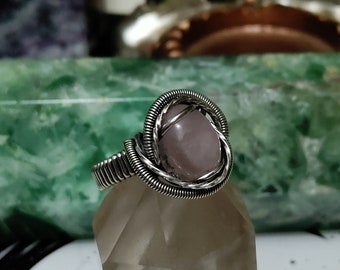 Healing Rose Quartz Sterling Silver Wire Wrap Ring