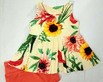 Coral Sunflower Peplum Set, Bummies Set, Tank Top, Tank Peplum, Girls Gift, Baby Gift