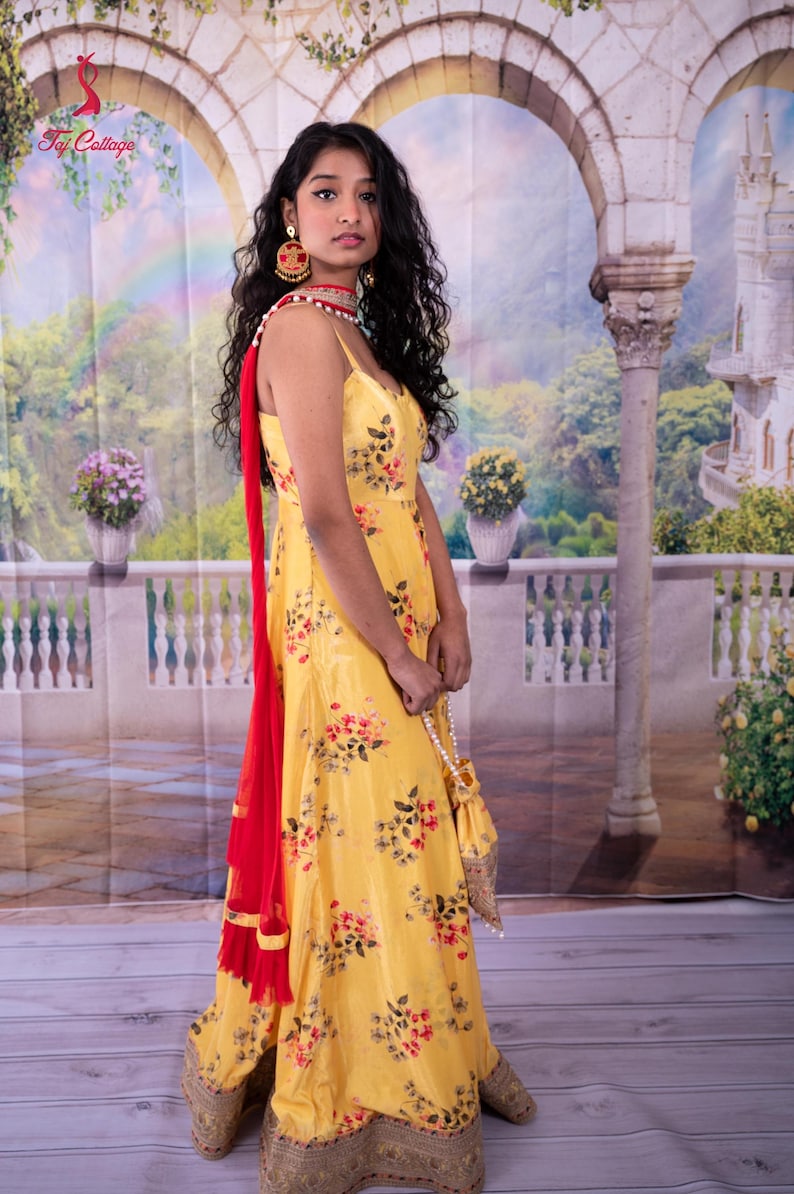 Made to Measure Yellow Foil Print Dress with Floral motifs & Gota Patti Embellishments
