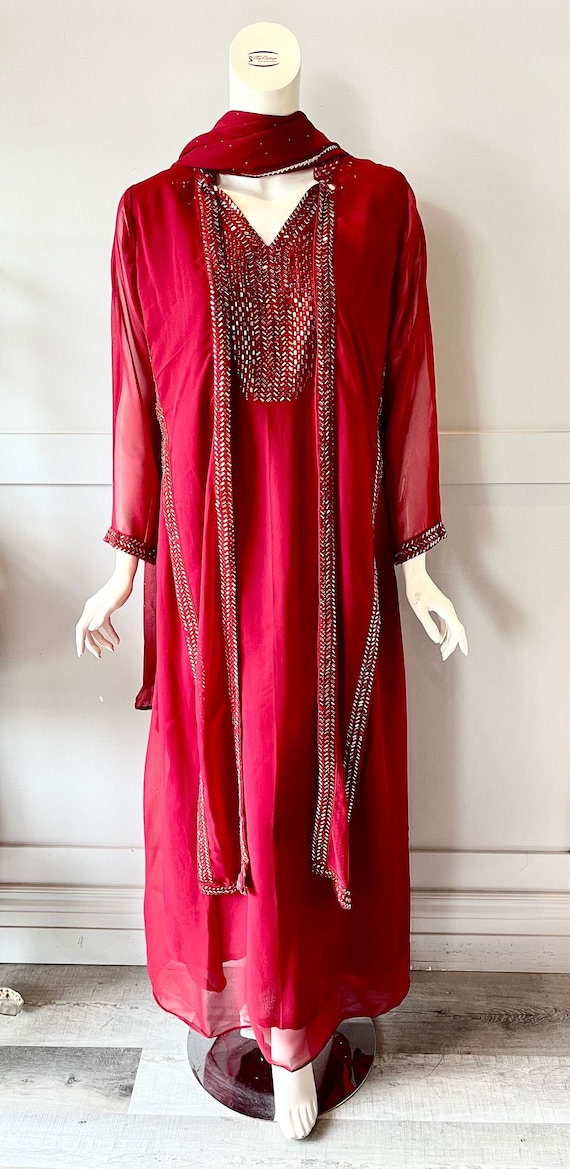 red georgette dress for women Miss Circle Tereza Georgette Bardot High-Slit Maxi Dress
