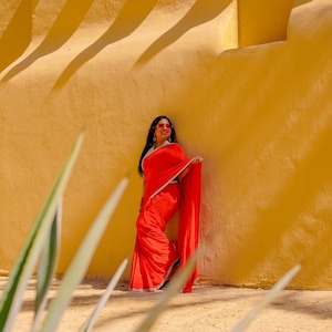 Red Crepe Readymade Saree
