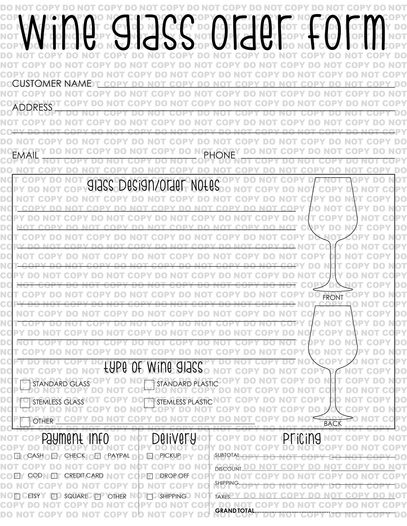Wine Glass Order Form Order Form for Crafters Order Form Etsy