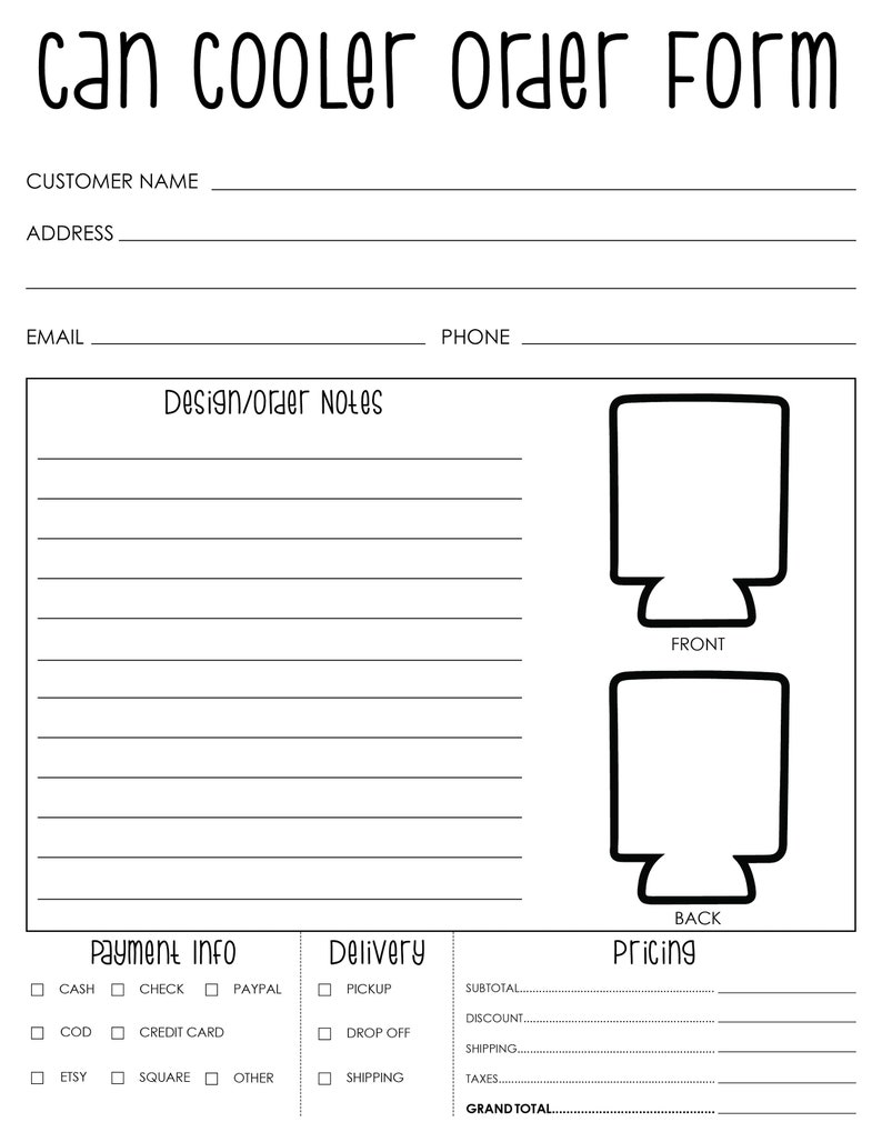Can Cooler Order Form Koozie Order Form Order Form for Etsy