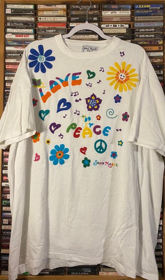 1993 3XL Swan Magic Peace & Love Embroidered T Shi