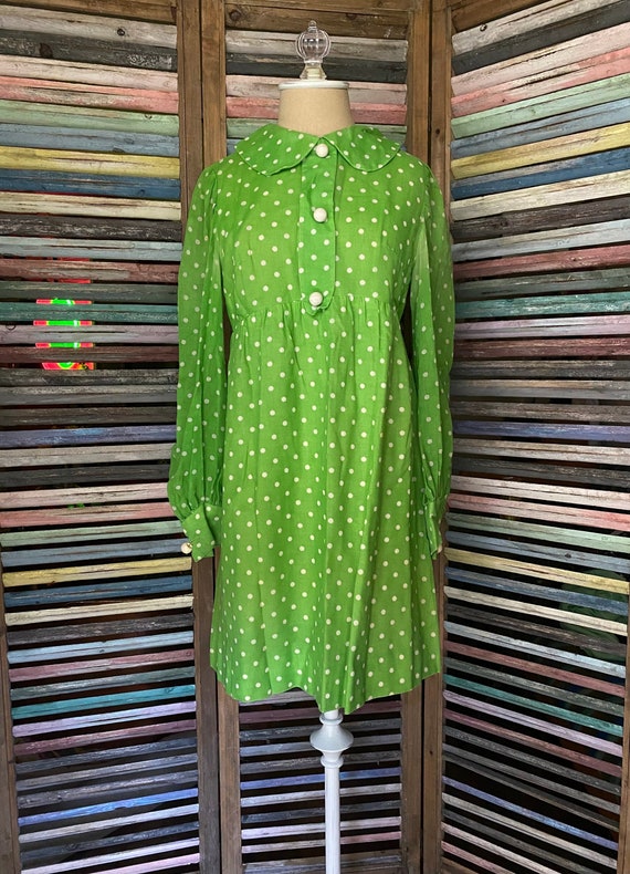 60’s Homemade Green Polka Dot Dress - image 1