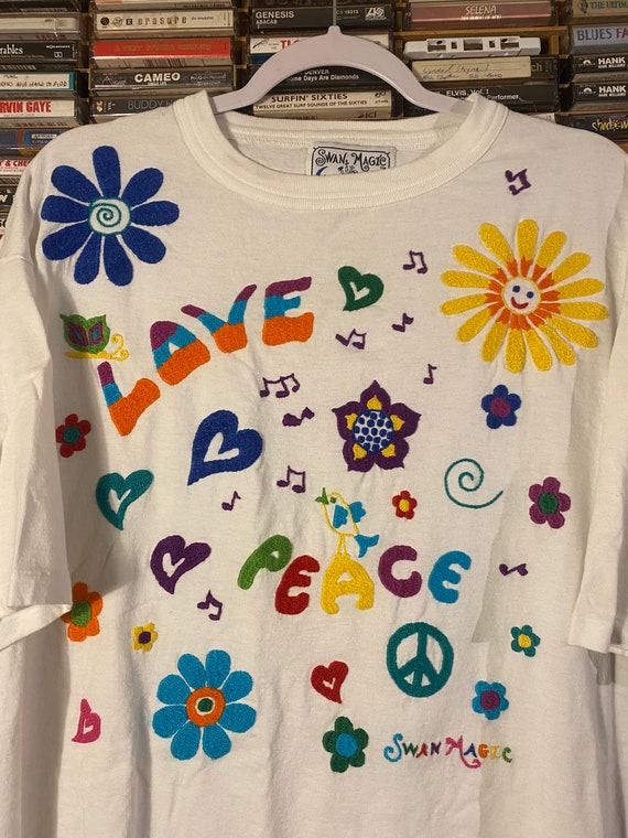 1993 3XL Swan Magic Peace & Love Embroidered T Sh… - image 2