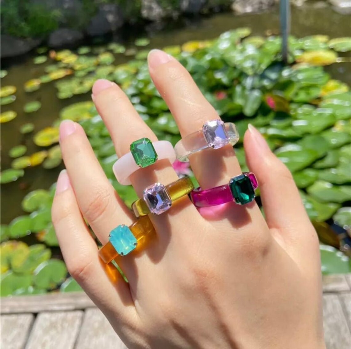 Colorful Chunky Rings Resin Rings With Diamond Gemstones Etsy