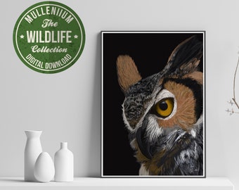 Owl Print Art, Owl Wall Decor -Great Horned Owl Wall Art Poster, Bedroom & Office Artwork - Printable Digital Download