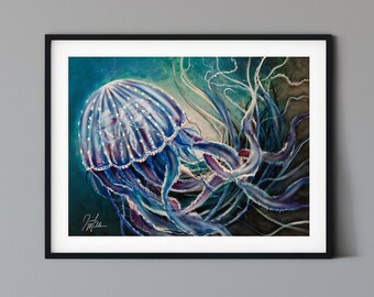 Jellyfish Art Modern Animal Wall Print, Digital Art Jellyfish Decor, Printable Digital Download - Ocean Wall Art, Deep Sea Poster