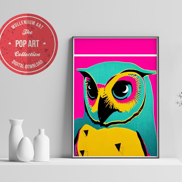 Pop Owl Art Print - Vibrant Warhol Style Contemporary Pop Art, Owl Wall Decor for Modern Home - Printable Digital Download