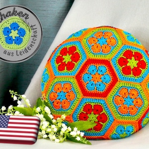 Multicolor round pillow with African Flowers size S crochet pattern PDF DYN