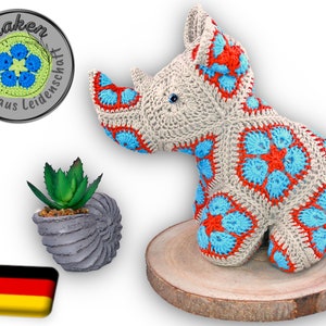 Robert the baby rhino with African Flowers crochet pattern as PDF DYN