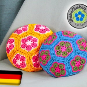 Patrón de crochet para un cojín pequeño con Flores Africanas talla XS en PDF ALEMÁN