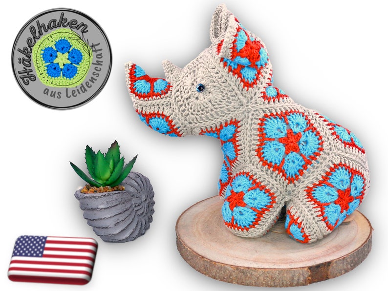 Robert the Baby Rhino with African Flowers crochet pattern PDF DYN image 1