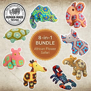 Könnte beinhalten: Eine Sammlung von acht gehäkelten Tierfiguren mit afrikanischen Blumenmotiven in verschiedenen Farben, darunter ein Chamäleon, Elefant, Schildkröte, Nashorn, Nilpferd, Giraffe, Kamel und Skorpion, mit dem Text 8-in-1 BUNDLE African Flower Safari.