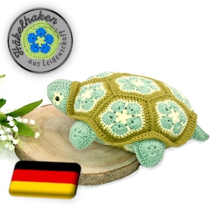 Thilda the turtle as a pillow or heat pad with African Flowers crochet pattern as PDF DYN