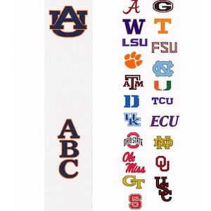 May include: A white graduation stole featuring the Auburn University logo and the letters ABC in navy blue and orange. Additional logos of various universities are displayed on the right side, including Alabama, LSU, and Ohio State.