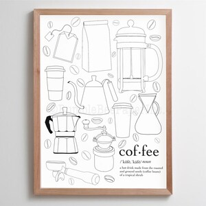 Op de afbeelding: Een zwart-witte lijntekening van verschillende koffiezetmethoden, waaronder een French Press, een pour over en een koffiemolen. De illustratie is omringd door koffiebonen. De tekst "cof-fee /'kôfe, 'käfe/ noun a hot drink made from the roasted and ground seeds (coffee beans) of a tropical shrub" staat onderaan de afbeelding.