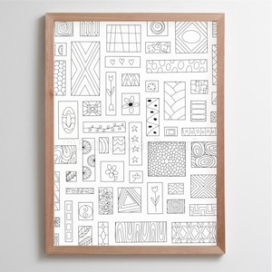 Puede incluir: Página para colorear imprimible en blanco y negro con una variedad de formas geométricas y patrones. La página está llena de cuadrados, rectángulos y círculos, cada uno con un diseño único.