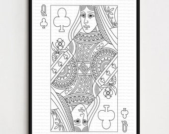 Queen of Clubs Playing Card Coloring Page/Wall Art