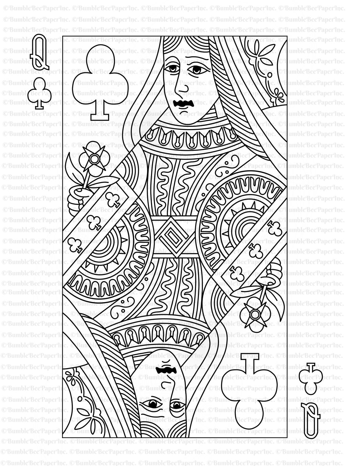 Queen of Clubs Playing Card Coloring Page/wall Art - Etsy