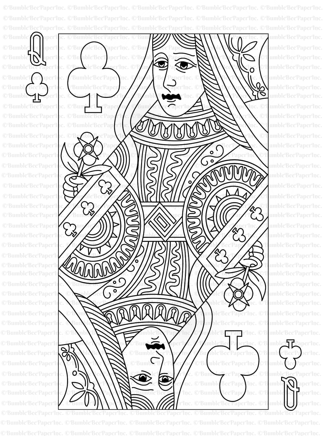 Queen of Clubs Playing Card Coloring Page/wall Art - Etsy