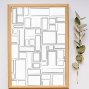 Puede incluir: Una impresión en blanco y negro de un patrón de marcos rectangulares superpuestos en un marco de madera.