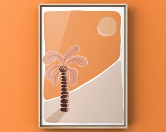 Könnte beinhalten: Ein gerahmter abstrakter Kunstdruck mit einem stilisierten Palmenbaum mit rosa Blättern und einem braunen Stamm vor einem Pfirsich- und Beige-Hintergrund mit einer Sonne.