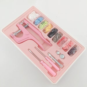 Pink Plastic Snap Plier Tool Set T3, T5, T8 3 sizes with 100Sets of T5 plastic snap buttons in Storage Case image 1