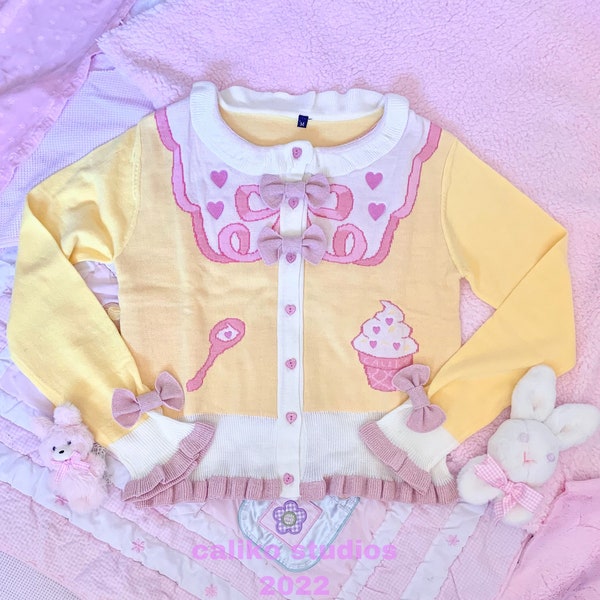 Cardigan crème à ruban [Jaune] / Mode kawaii / Style pastel Harajuku / Tenue Fairy Kei / Sweet Lolita / Crème glacée