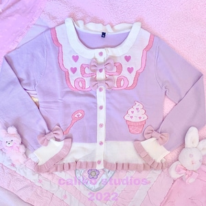 Cardigan color crema con nastro [lavanda] / Moda kawaii / Stile pastello Harajuku / Outfit Fairy Kei / Dolce Lolita / Gelato