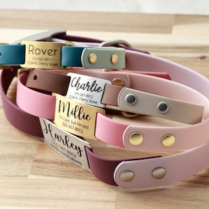 Waterproof Dog Collar with Silent Personalized Slide On ID Tag Custom Engraved Pet ID Tag for No Noise Cat Collar that is Quiet and Washable