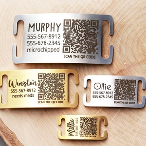 May include: Four gold and silver dog tags with engraved names, phone numbers, and QR codes. The tags are designed to be attached to a dog's collar.