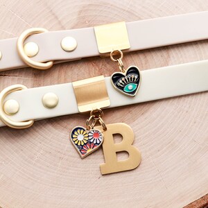 May include: Two white leather dog collars with gold hardware and charms. The top collar has a black heart charm with an evil eye design. The bottom collar has a gold letter B charm and a heart charm with a floral design.